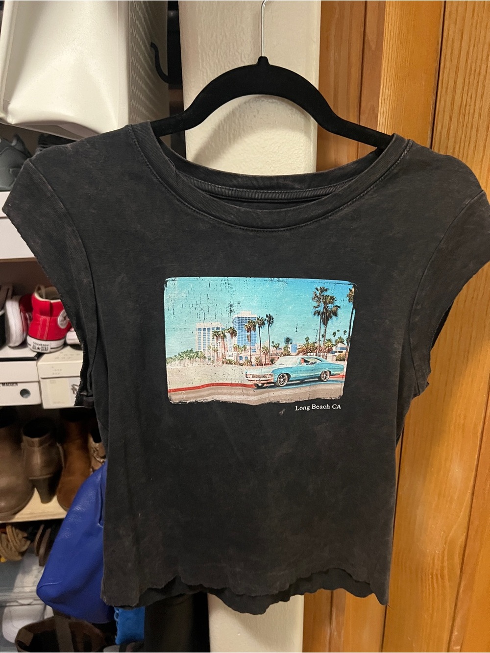 Black Cropped Graphic Tee with Long Beach Print